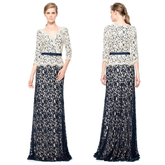 Tadashi Shoji Dark Navy & Ivory Lace 3/4 Sleeve Gown - Picture 2 of 16
